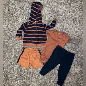 Gerber, 3-6 month outfit, pants, shorts, zip up and onesie, navy and tan